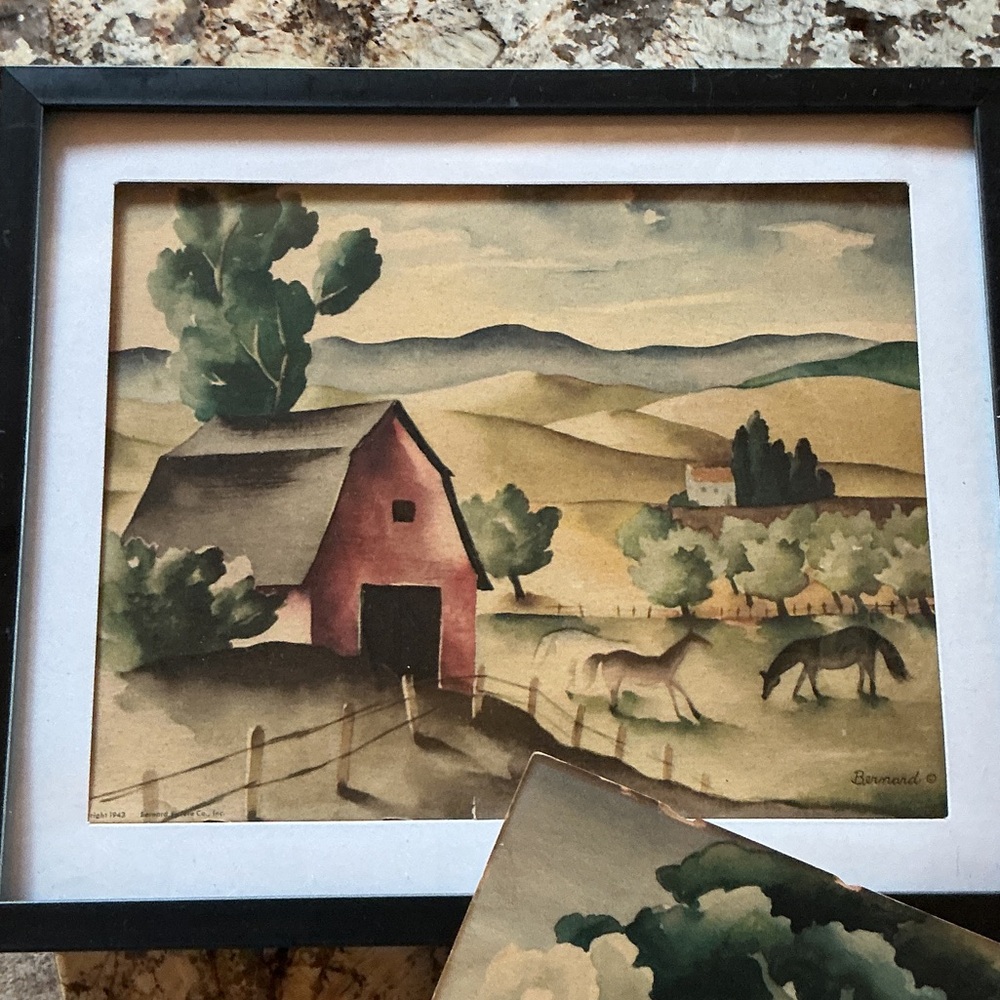 Vintage Framed Red Barn Landscape Art Print - Bernard 1943